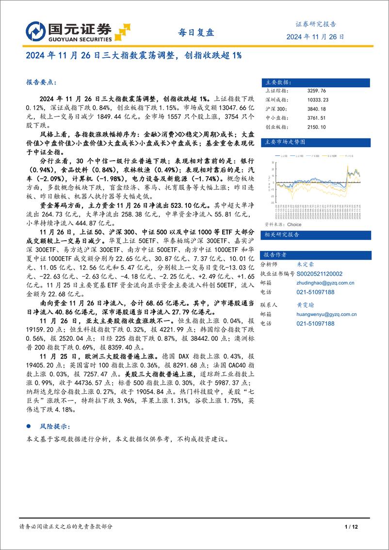 《每日复盘：2024年11月26日三大指数震荡调整，创指收跌超1%25-241126-国元证券-12页》 - 第1页预览图