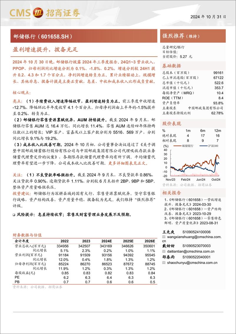 《邮储银行(601658)盈利增速提升，拨备充足-241031-招商证券-17页》 - 第1页预览图