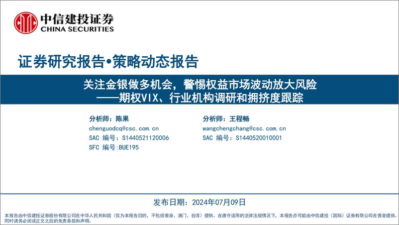 《期权VIX、行业机构调研和拥挤度跟踪：关注金银做多机会，警惕权益市场波动放大风险-240709-中信建投-15页》 - 第1页预览图