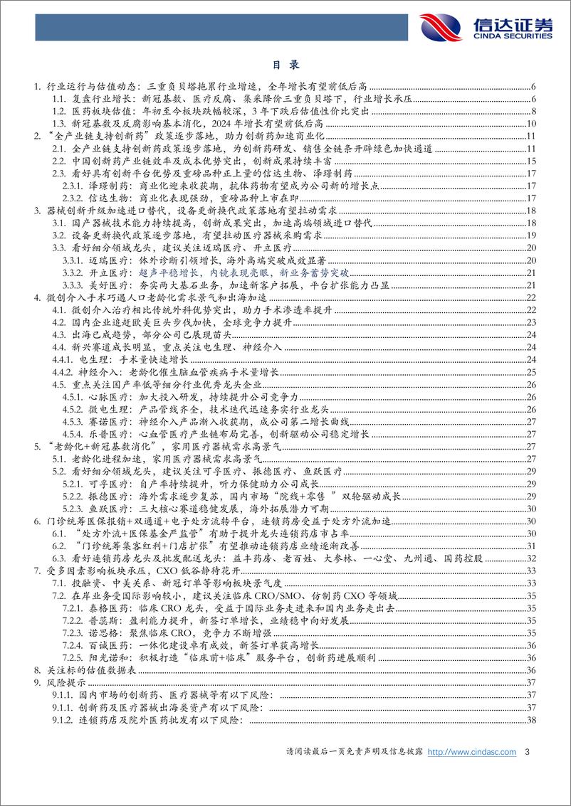 《医药生物行业2024年中期策略报告：全能增长有望前低后高，估值底部守望柳暗花明-240709-信达证券-40页》 - 第3页预览图