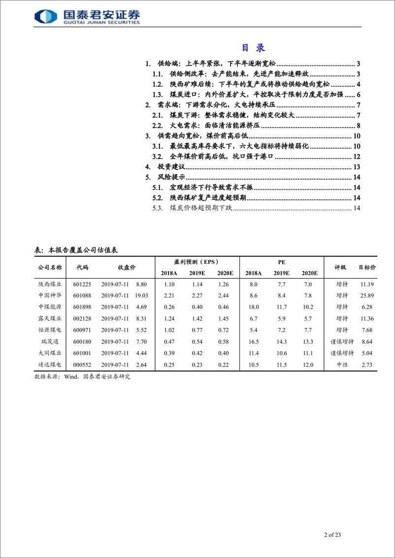 《煤炭行业动力煤下半年研判：供需趋于宽松，价格前高后低-20190712-国泰君安-23页》 - 第3页预览图