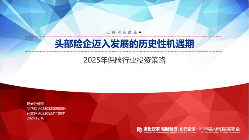 《2025年保险行业投资策略：头部险企迈入发展的历史性机遇期-241216-申万宏源-46页》 - 第1页预览图