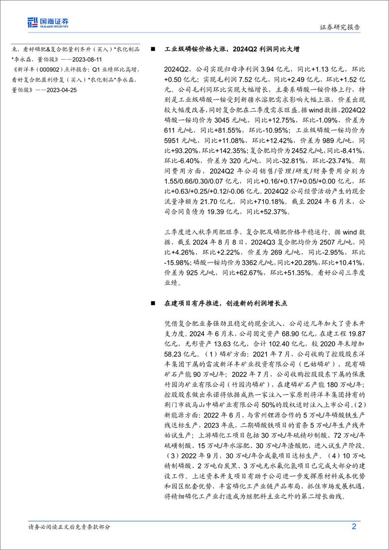 《新洋丰(000902)2024年中报点评：2024Q2业绩同比大增，多项目有序推进-240809-国海证券-12页》 - 第2页预览图