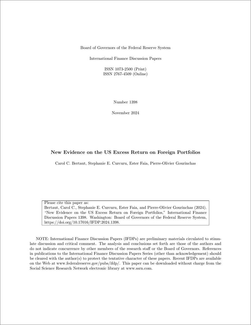 《美联储-美国海外投资组合超额回报的新证据（英）-2024.11-29页》 - 第1页预览图