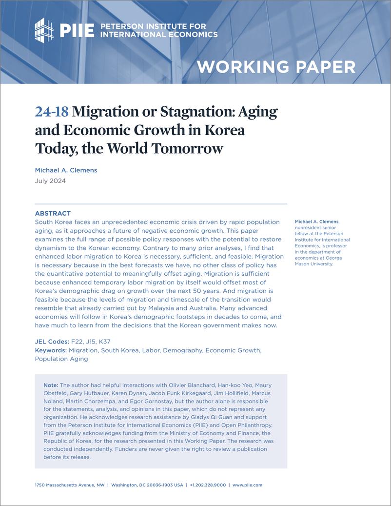 《彼得森经济研究所-移民还是停滞：当今韩国的老龄化和经济增长，明天的世界（英）-2024.7-45页》 - 第1页预览图