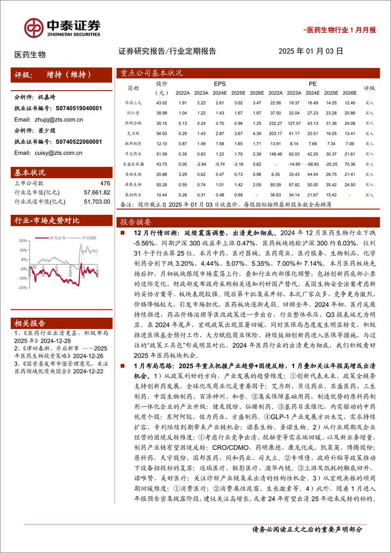 《医药生物行业1月月报：2025年重点把握产业趋势%2b困境反转，1月叠加关注年报高增或出清-250103-中泰证券-16页》 - 第1页预览图