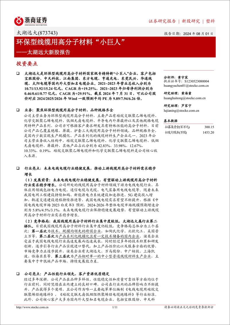 《太湖远大(873743)太湖远大新股报告：环保型线缆用高分子材料“小巨人”-240801-浙商证券-11页》 - 第1页预览图