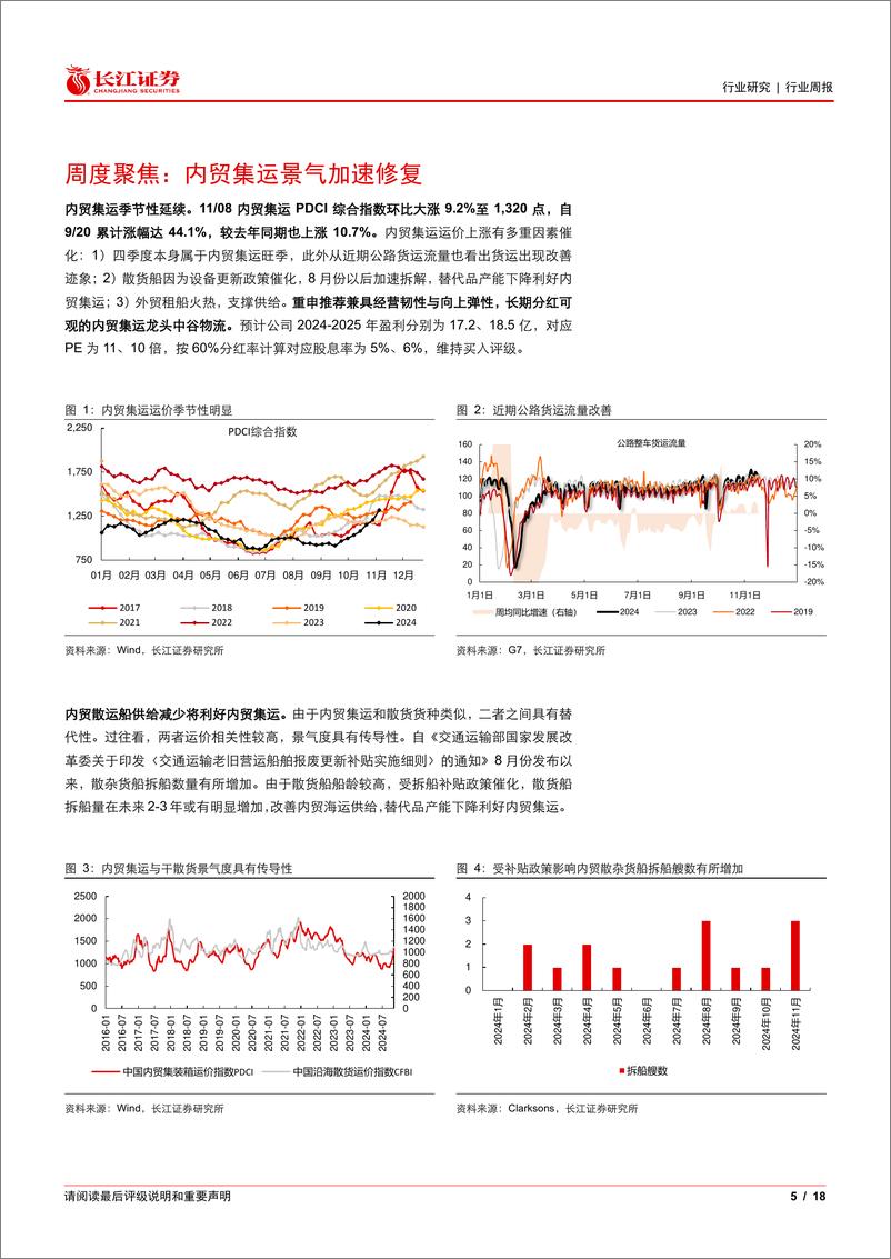 《运输行业交运周专题2024W46：内贸集运景气加速修复，航空单座收益同比翻正-241117-长江证券-18页》 - 第5页预览图