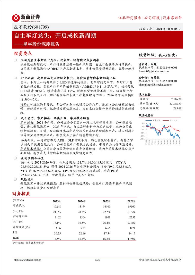 《星宇股份(601799)深度报告：自主车灯龙头，开启成长新周期-240831-浙商证券-36页》 - 第1页预览图