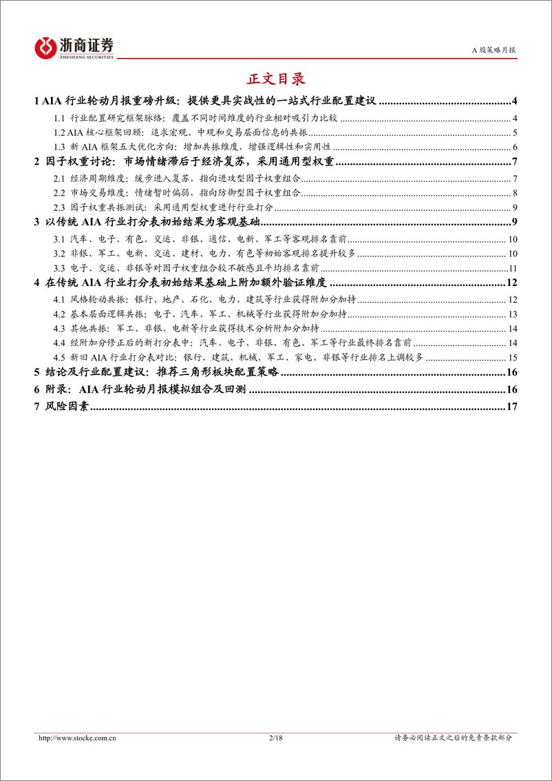 《新AIA行业配置策略月报(2024年8月)：8月看好汽车、电子、非银、有色、军工、电新、交运等板块机会-240727-浙商证券-18页》 - 第2页预览图