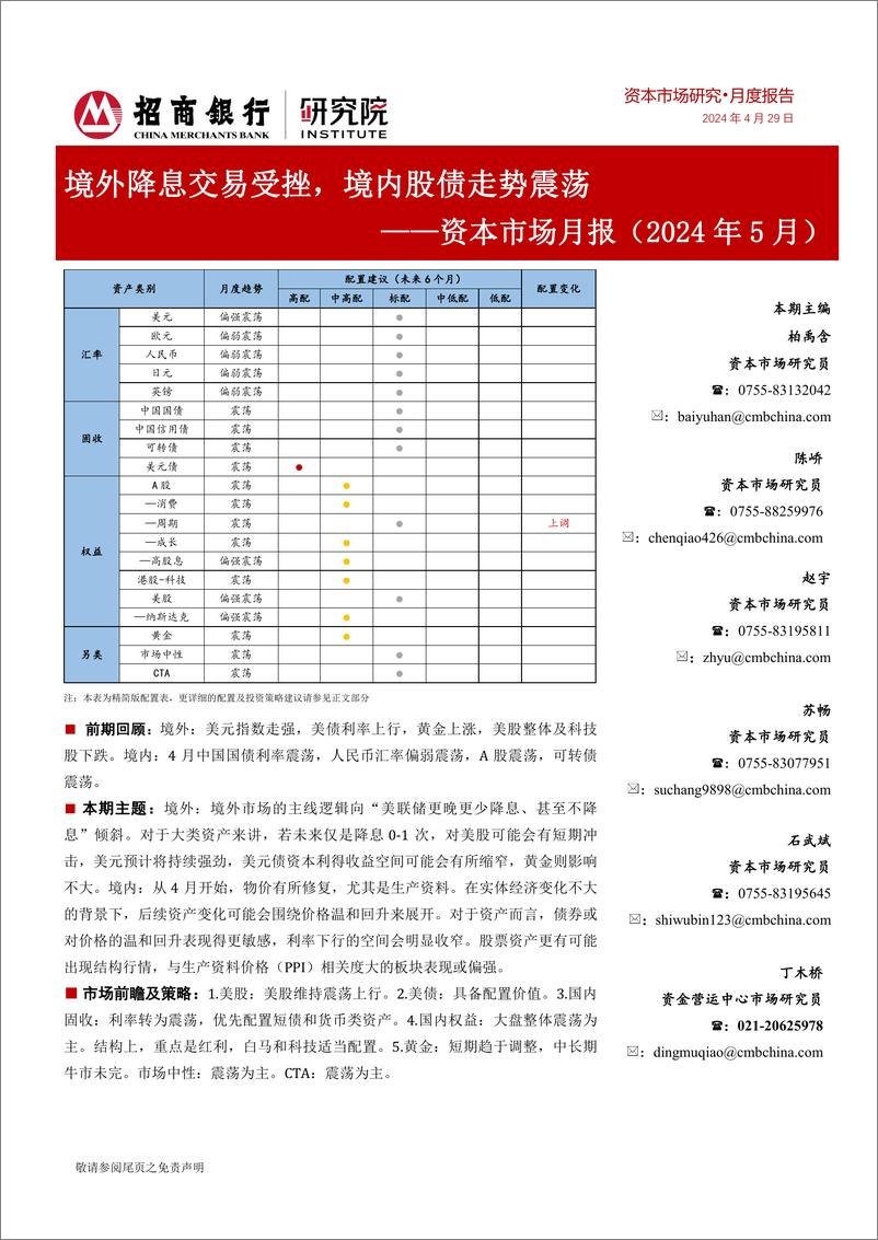 《资本市场月报(2024年5月)：境外降息交易受挫，境内股债走势震荡-240429-招商银行-25页》 - 第1页预览图