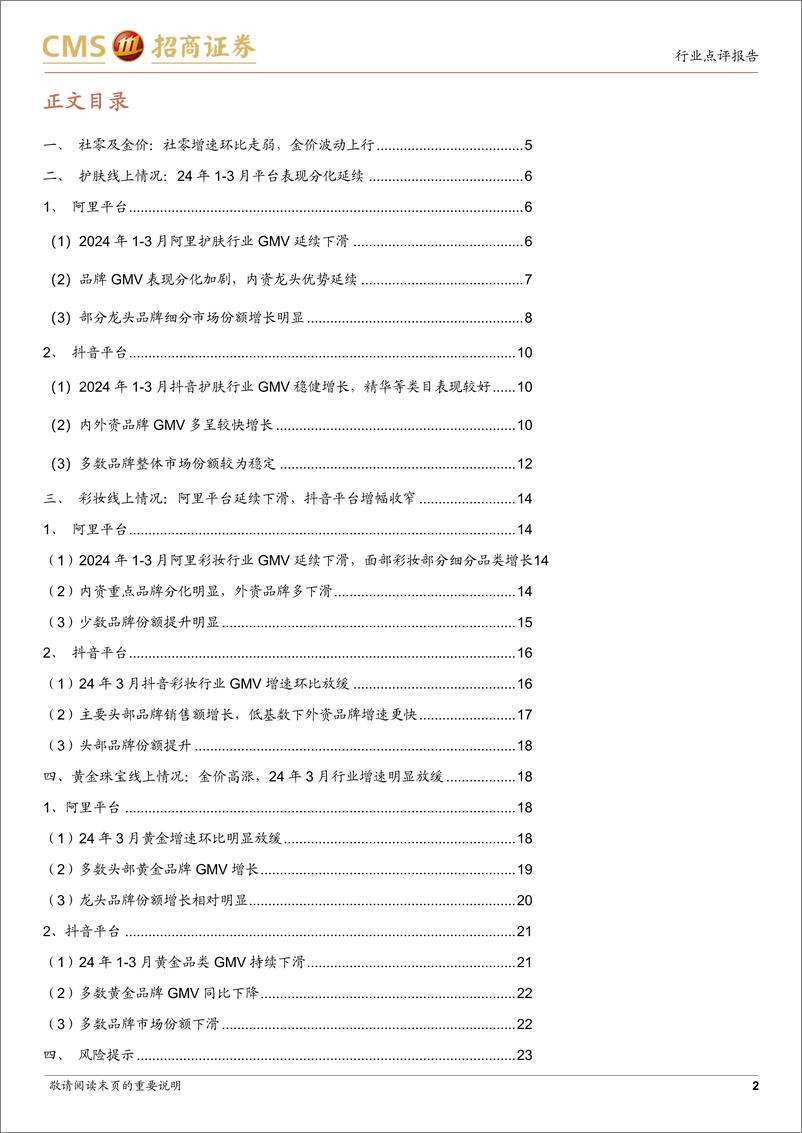 《轻工纺服行业化妆品%26珠宝社零及线上数据点评(2024年3月)：化妆品延续平台间分化趋势，黄金珠宝增速明显放缓-240416-招商证券-24页》 - 第2页预览图