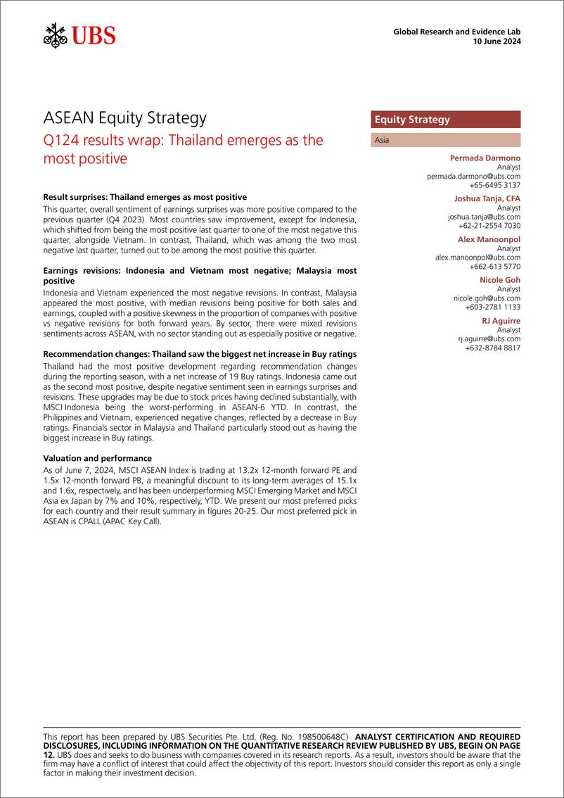 《UBS Equities-ASEAN Equity Strategy _Q124 results wrap Thailand emerges a...-108639415》 - 第1页预览图