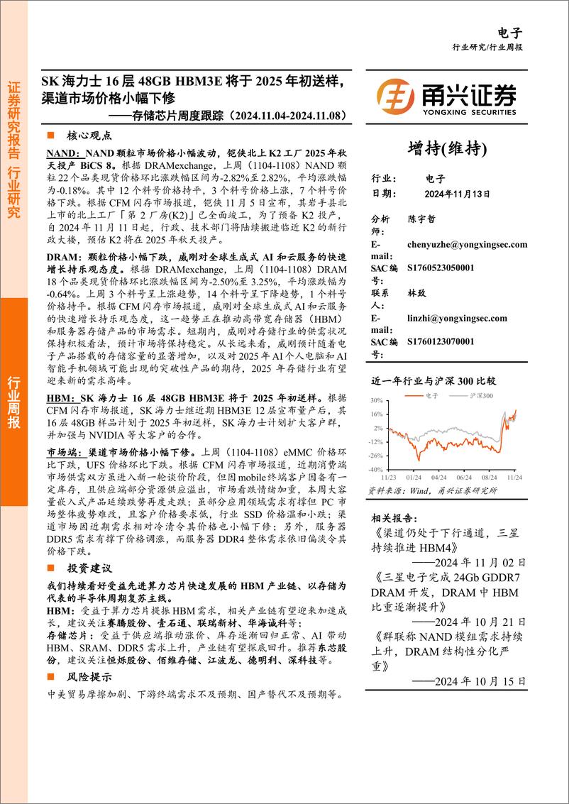 《电子行业存储芯片周度跟踪：SK海力士16层48GBHBM3E将于2025年初送样，渠道市场价格小幅下修-241113-甬兴证券-10页》 - 第1页预览图