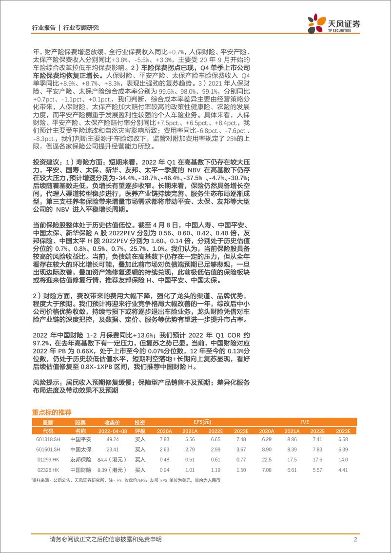 《保险行业：2021年投资端表现亮眼，寿险短期承压不改长期向好趋势，财险保费拐点已现-20220408-天风证券-23页》 - 第3页预览图