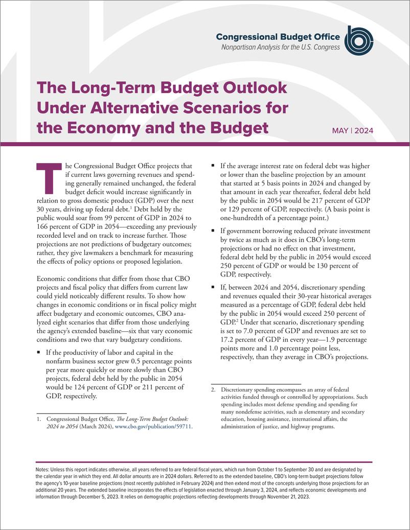 《国会预算办公室-经济和预算备选方案下的长期预算展望（英）-2024.5-9页》 - 第1页预览图