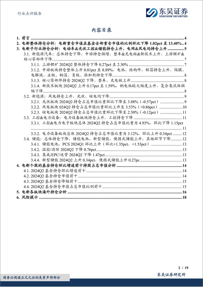 《电力设备行业点评报告：基于11819支基金2024年二季报的前十大持仓的定量分析，24Q2基金持仓深度，电新重仓Q2总体下降，电网、风电上升，电动车、光伏、工控、储能均下降-240722-东吴证券-19页》 - 第2页预览图