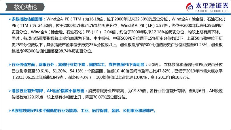 《中外股票估值追踪及对比：指数估值继续下行，银行板块逆市上涨-20190609-太平洋证券-24页》 - 第3页预览图