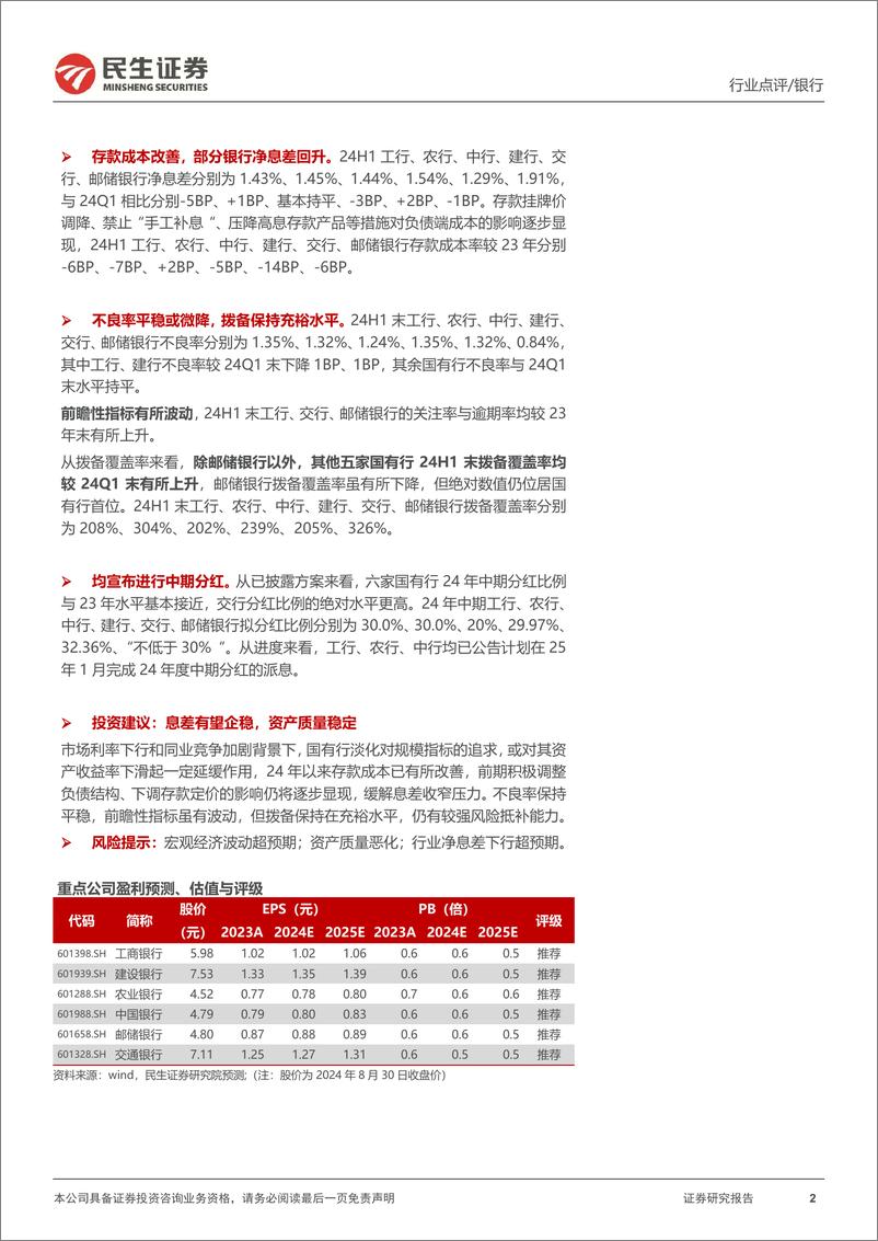 《银行业六家国有大行2024年半年报点评：非息支撑营收，集体中期分红-240901-民生证券-15页》 - 第2页预览图