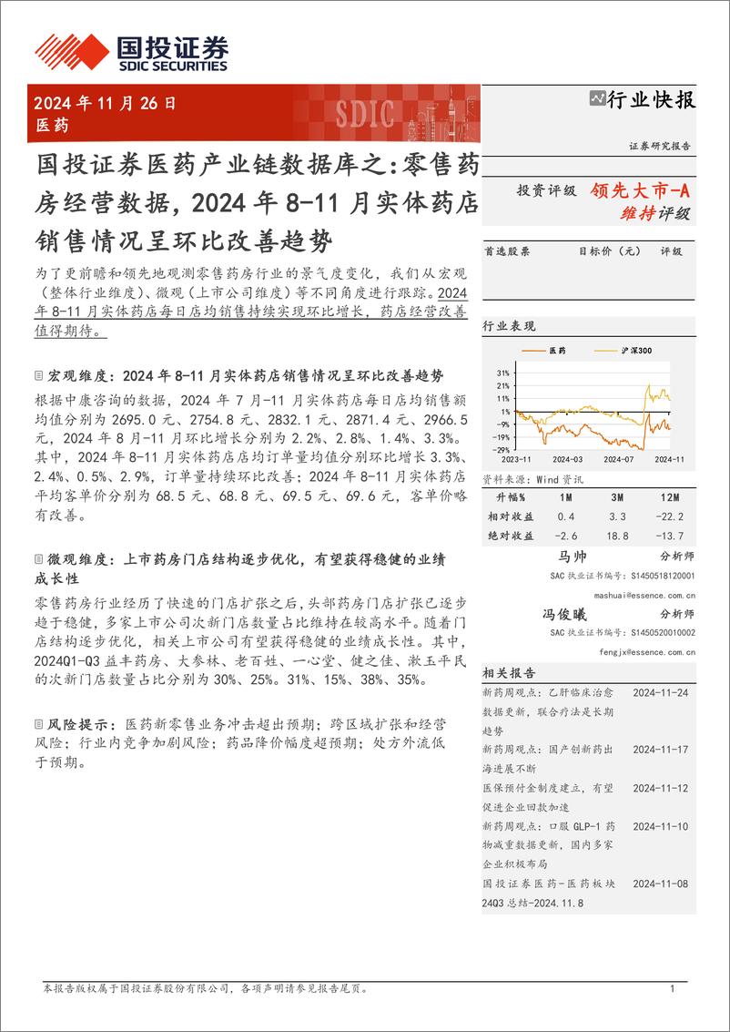 《医药行业医药产业链数据库之零售药房经营数据：2024年8-11月实体药店销售情况呈环比改善趋势-241126-国投证券-11页》 - 第1页预览图