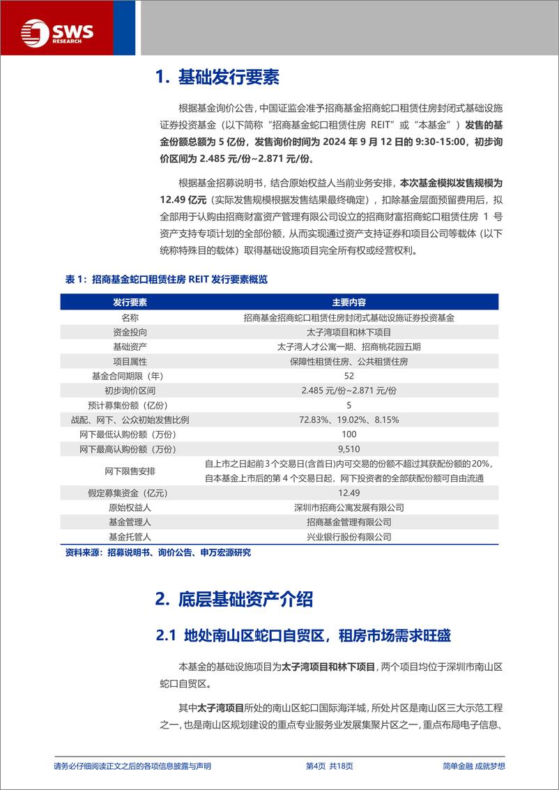 《招商基金蛇口租赁住房REIT(180502.SZ)申购价值分析-240911-申万宏源-18页》 - 第4页预览图