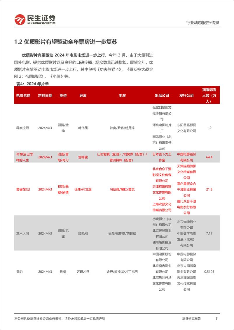 《传媒行业影视院线专题报告：24Q1电影市场持续复苏，影视院线IP价值释放值得关注-240409-民生证券-22页》 - 第7页预览图