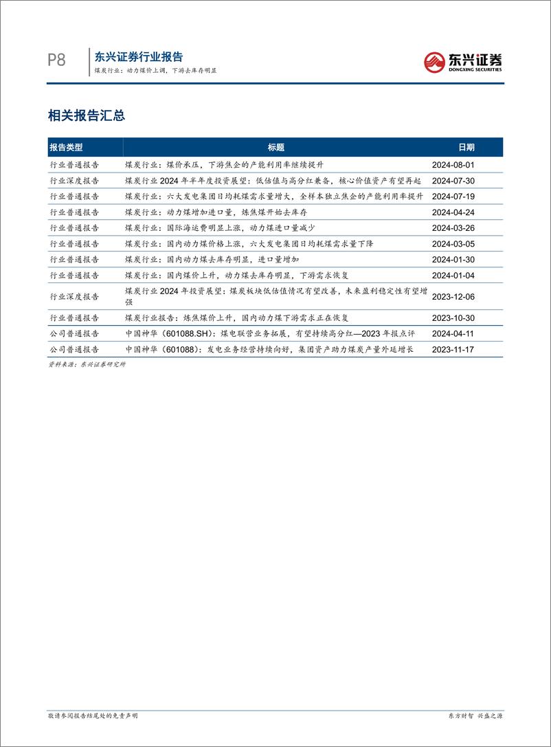 《煤炭行业报告：动力煤价上调，下游去库存明显-240806-东兴证券-10页》 - 第8页预览图