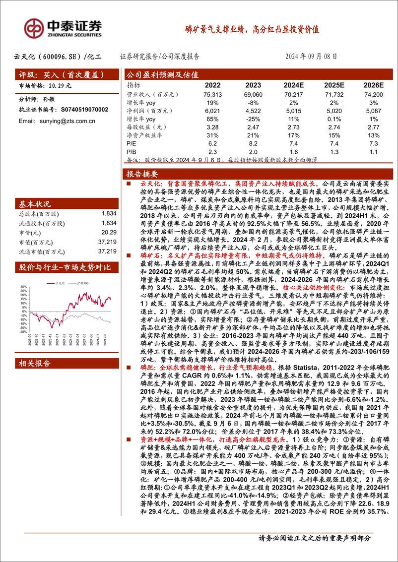 《云天化(600096)磷矿景气支撑业绩，高分红凸显投资价值-240908-中泰证券-40页》 - 第1页预览图