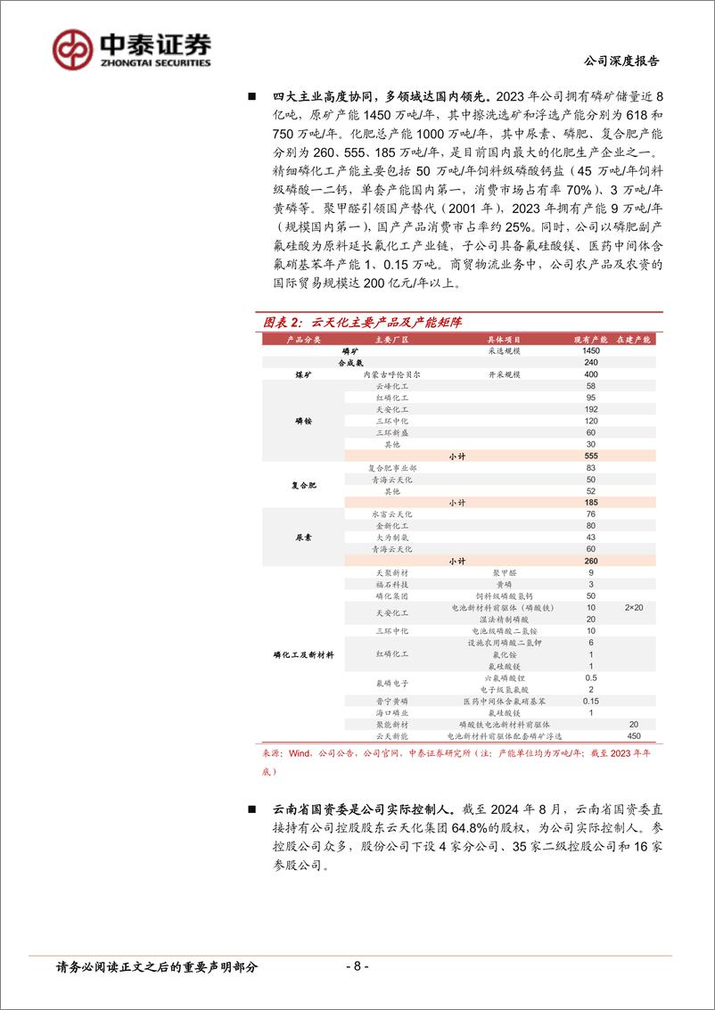 《云天化(600096)磷矿景气支撑业绩，高分红凸显投资价值-240908-中泰证券-40页》 - 第8页预览图