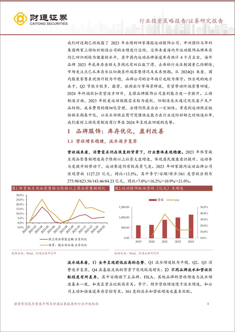 《纺织服饰行业运动鞋服2023年报总结：库存回归健康水平，期待上下游景气度向上-240406-财通证券-14页》 - 第4页预览图