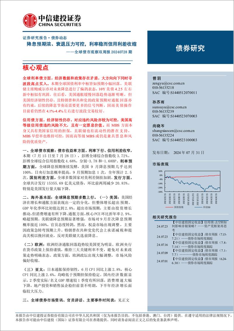 《全球债市观察20240728期：降息预期浓、衰退压力可控，利率稳而信用利差收缩-240731-中信建投-17页》 - 第1页预览图