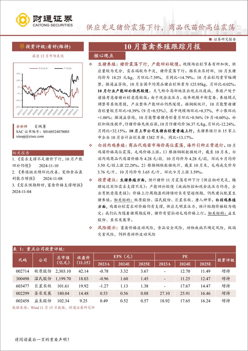 《农林牧渔行业投资策略月报：10月畜禽养殖跟踪月报，供应充足猪价震荡下行，商品代苗价高位震荡-241117-财通证券-11页》 - 第1页预览图