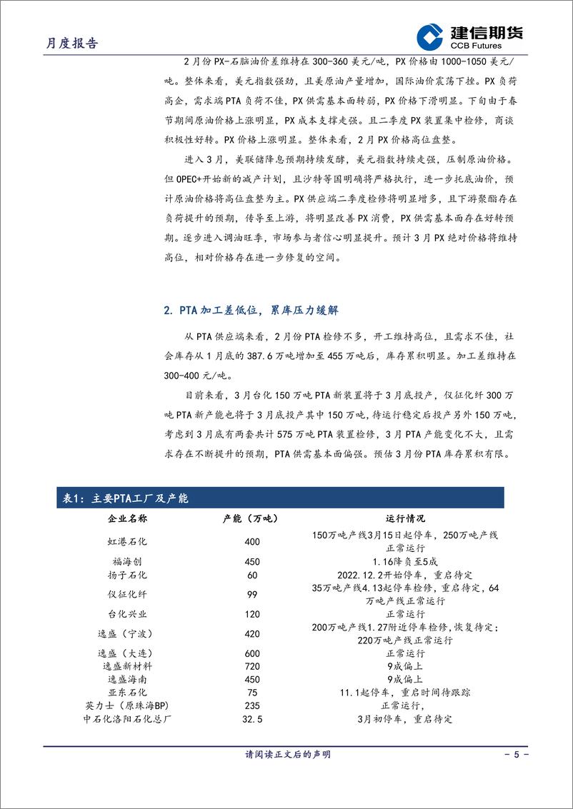 《PTA月报：传统旺季到来，需求或好转-20240301-建信期货-11页》 - 第5页预览图