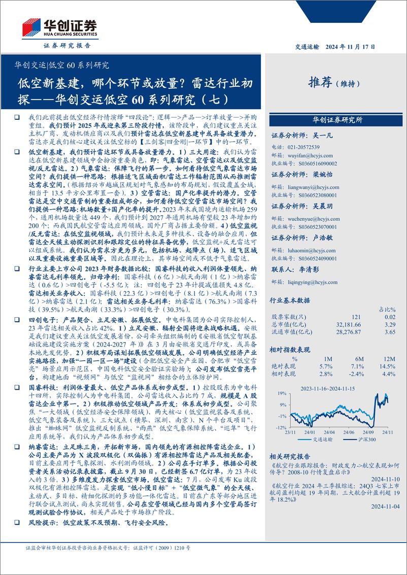 《交通运输行业交运低空60系列研究(七)：低空新基建，哪个环节或放量？雷达行业初探-241117-华创证券-31页》 - 第1页预览图