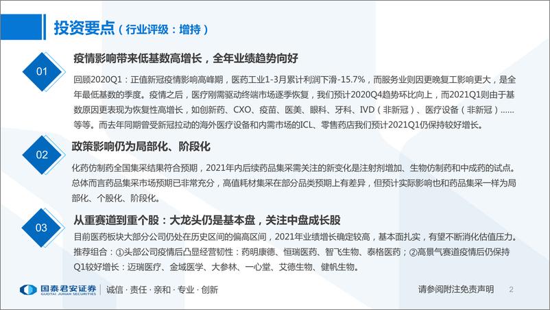 《医药行业2021年春季投资策略：供需皆强劲，业绩开门红-20210218-国泰君安-39页》 - 第2页预览图