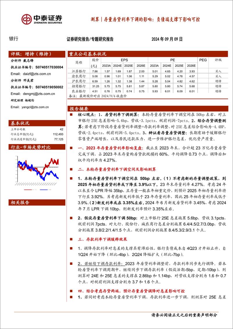 《银行业测算｜存量房贷利率下调的影响：负债端支撑下影响可控-240909-中泰证券-15页》 - 第1页预览图