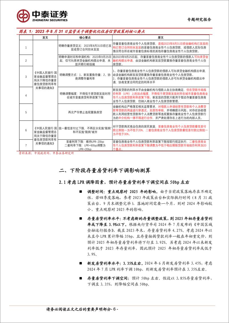 《银行业测算｜存量房贷利率下调的影响：负债端支撑下影响可控-240909-中泰证券-15页》 - 第6页预览图