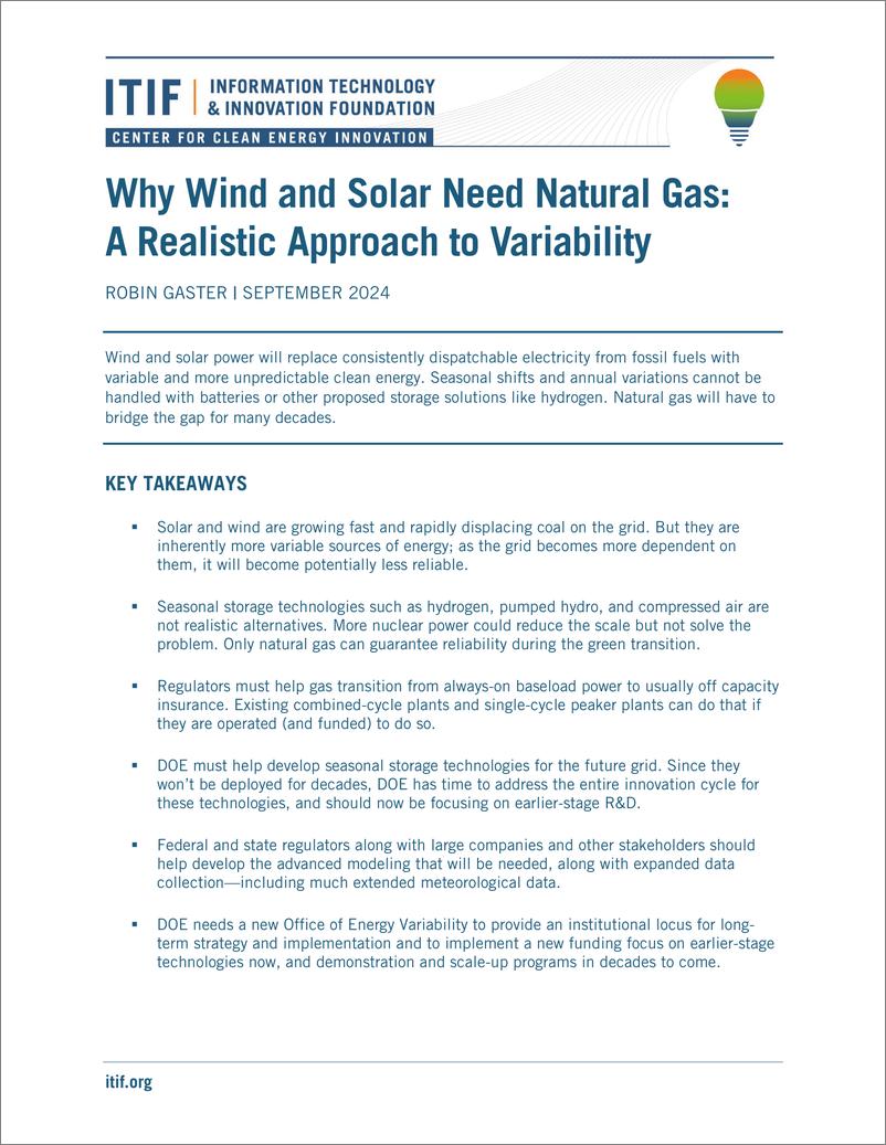 《ITIF-为什么风能和太阳能需要天然气：一种现实的变化方法（英）-2024.9-42页》 - 第1页预览图