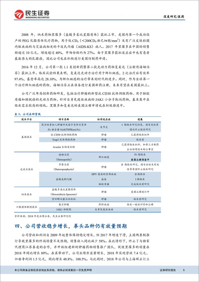 《医药行业科创板生物医药公司系列研究之复旦张江：自主产权核心技术管线丰富，拳头品种持续放量-20190311-民生证券-10页》 - 第6页预览图