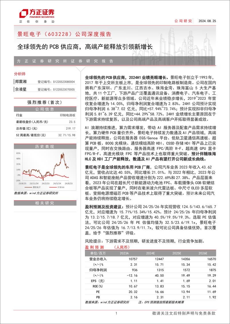 《景旺电子(603228)公司深度报告：全球领先的PCB供应商，高端产能释放引领新增长-240825-方正证券-23页》 - 第1页预览图