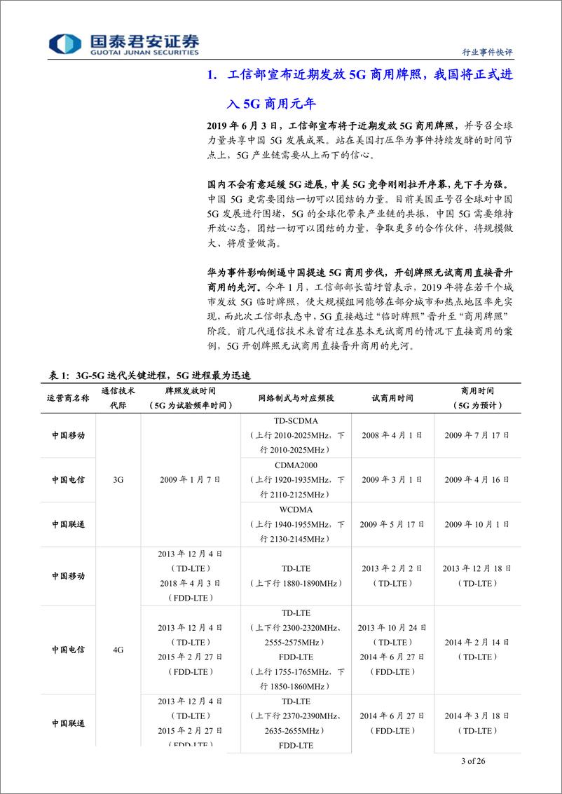 《通信设备及服务行业工信部5G商用牌照近期发放快评：加速5G，凝聚全球力量，中国5G信心满满-20190605-国泰君安-26页》 - 第3页预览图