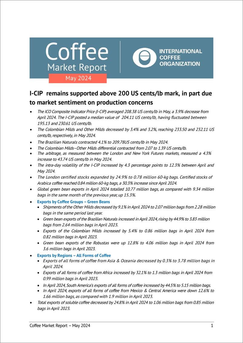 《ICO国际咖啡组织：2024年5月全球咖啡市场报告（英文版）》 - 第1页预览图