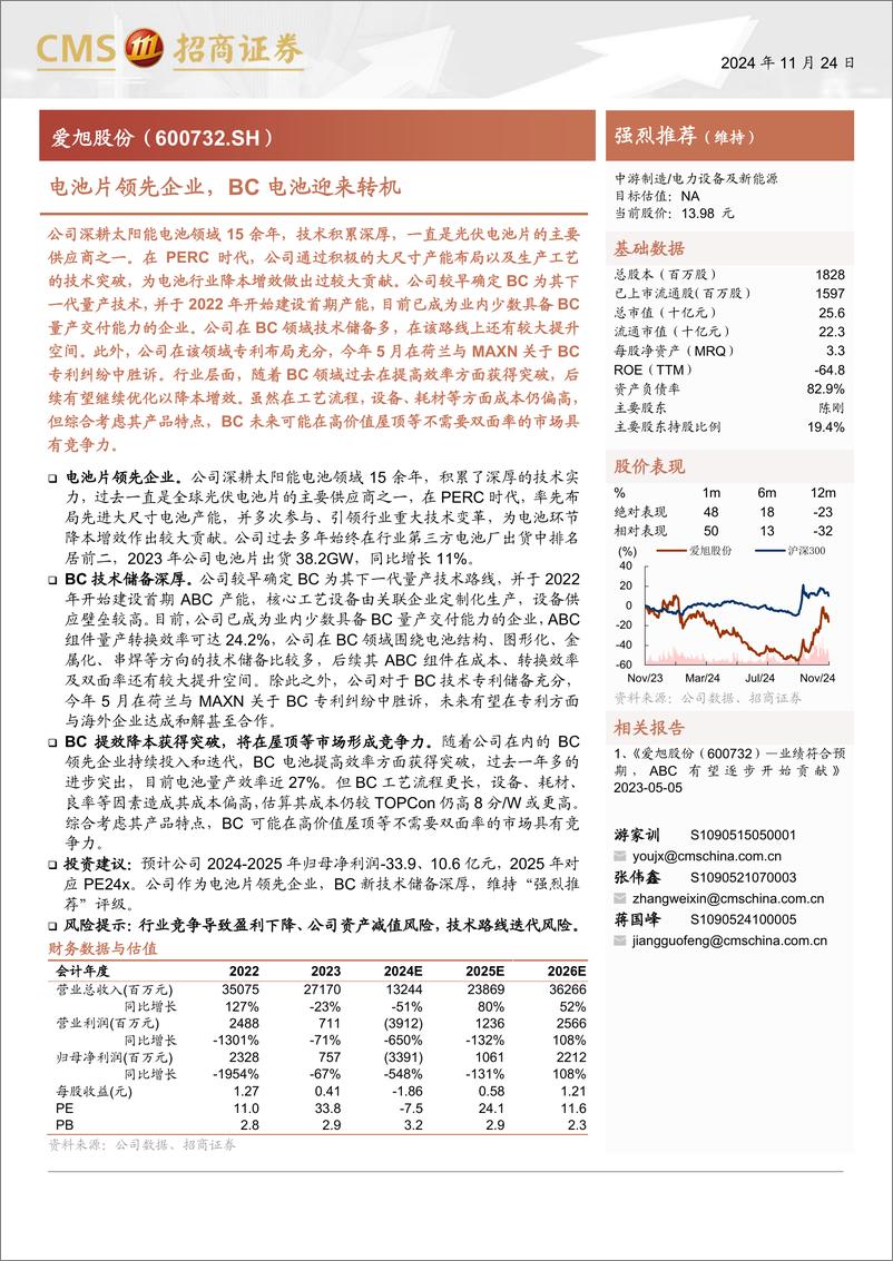 《爱旭股份(600732)电池片领先企业，BC电池迎来转机-241125-招商证券-15页》 - 第1页预览图