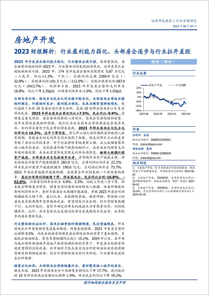 《房地产开发行业2023财报解析：行业盈利能力弱化，头部房企逐步与行业拉开差距-240604-国盛证券-20页》 - 第1页预览图