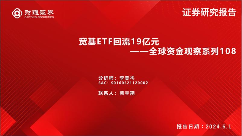 《全球资金观察系列108：宽基ETF回流19亿元-240601-财通证券-30页》 - 第1页预览图