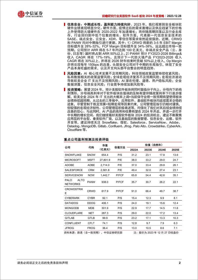 《中信证券：美股软件SaaS行业板块2024年度策略：企业IT支出回升+AI商业化开启+利率下行，美股科技板块配置首选》 - 第2页预览图