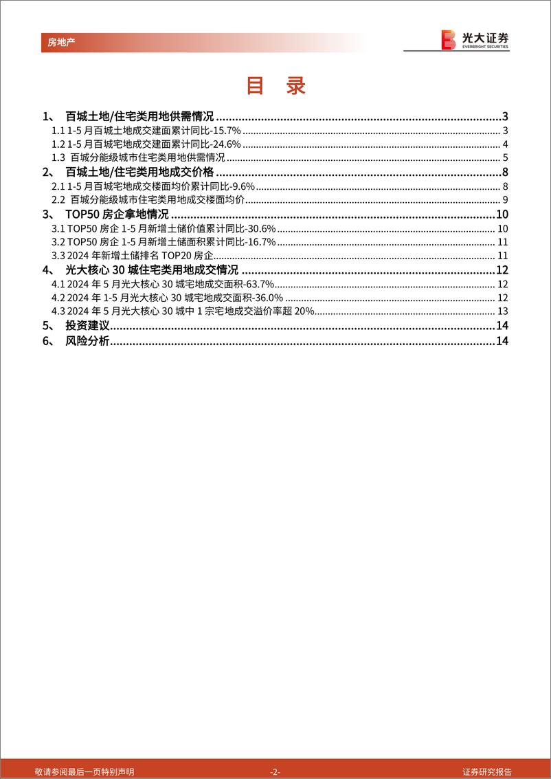 《房地产行业土地市场月度跟踪报告(2024年5月)：1-5月百城宅地成交建面-25%25，核心30城土拍溢价率回落-240622-光大证券-15页》 - 第2页预览图