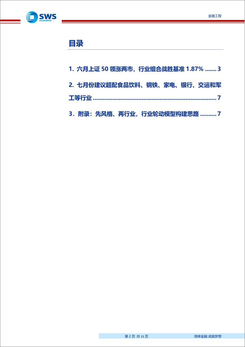 《行业轮动策略月报：7月建议超配食品饮料、钢铁、家电、银行、交运和军工等行业-20190702-申万宏源-11页》 - 第3页预览图