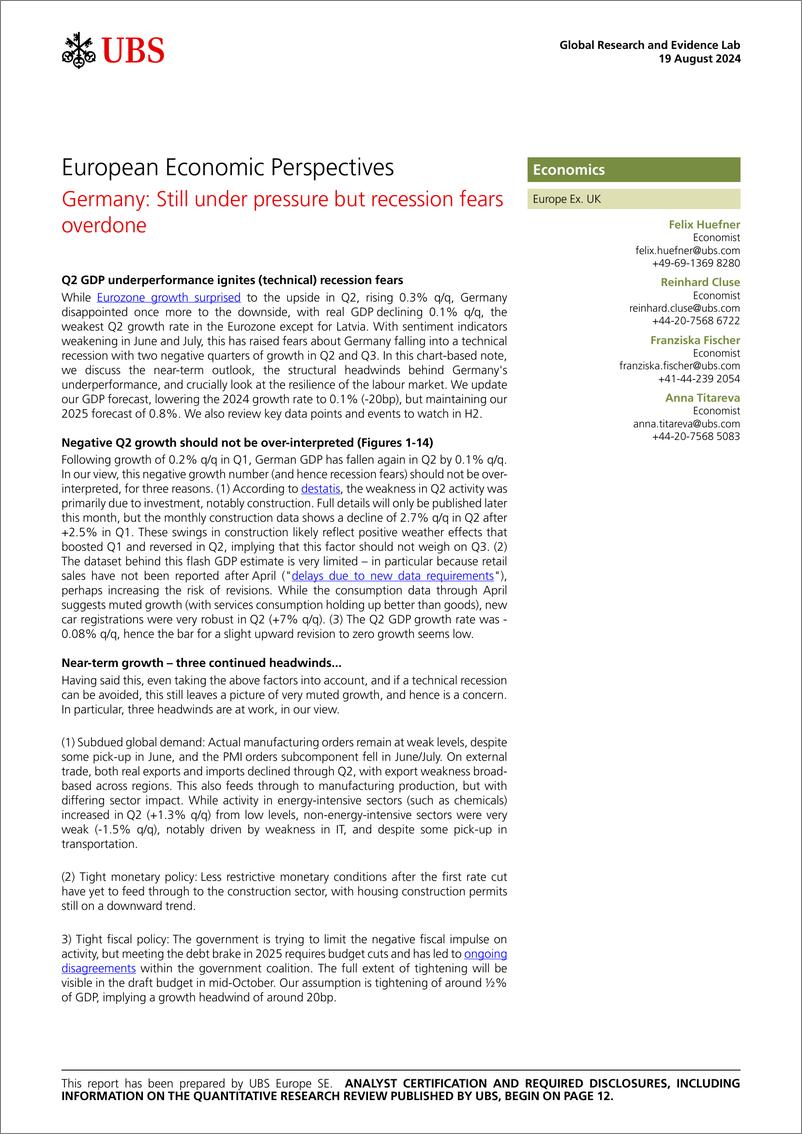 《UBS Economics-European Economic Perspectives _Germany Still under pressur...-109914488》 - 第1页预览图