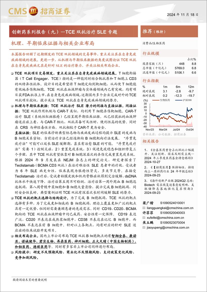 《生物医药行业创新药系列报告(九)：TCE双抗治疗SLE专题，机理、早期临床证据与相关企业布局-241118-招商证券-10页》 - 第1页预览图